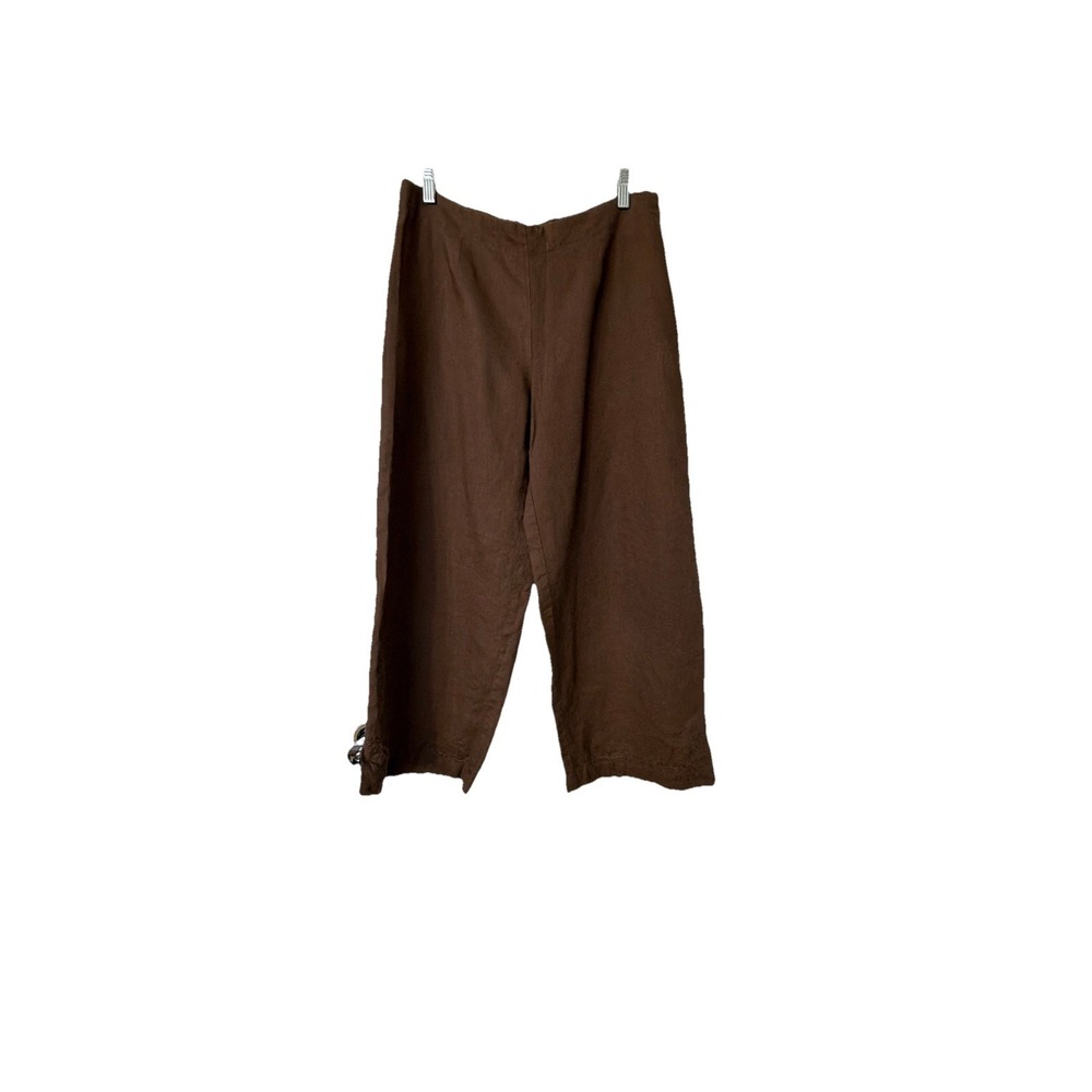 Nikki Valenti 100% Irish Linen Pants Cropped Embroidery Lined Brown Lagenlook‎